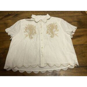 Allison New York Ivory Scalloped Embroidered Seahorse Top Small